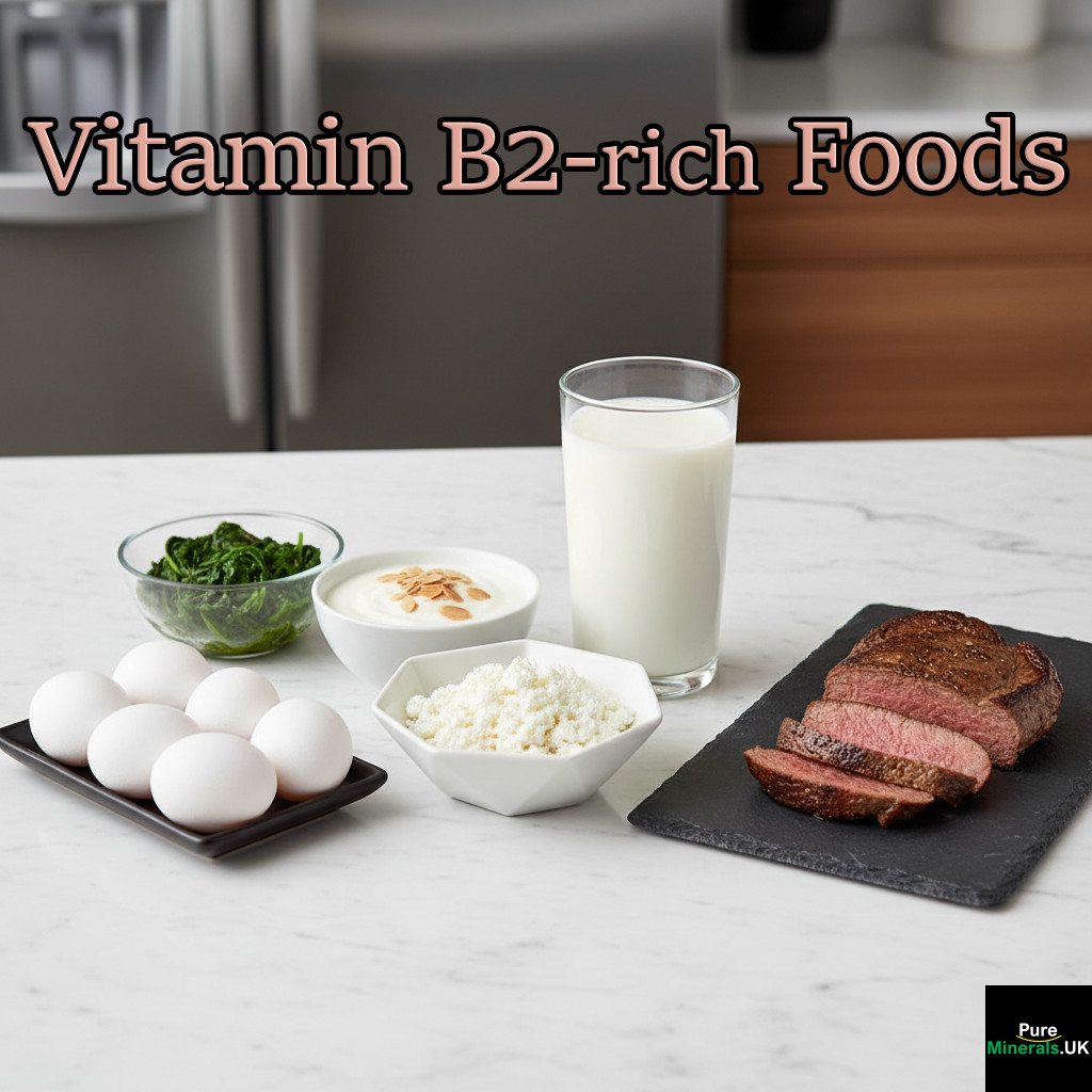 A sleek, modern arrangement of Vitamin B2 sources on a white marble counter, including milk, yogurt, almonds, eggs, spinach, cottage cheese, and seared liver.