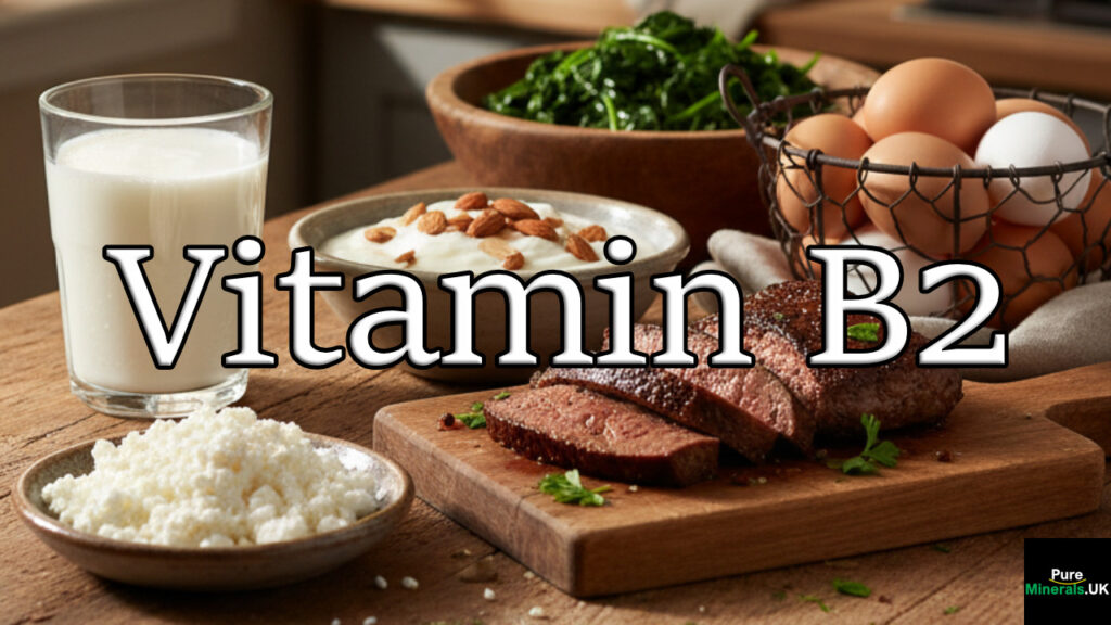 A rustic still life of Vitamin B2-rich foods on a wooden counter, including milk, yogurt with almonds, eggs, spinach, cottage cheese, and seared liver.