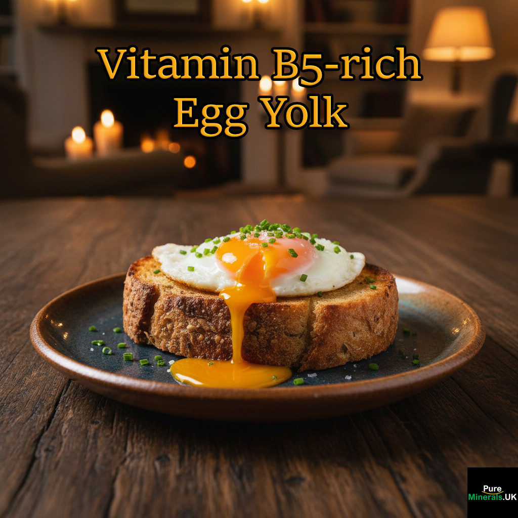 Close-up of a vitamin B5-rich runny fried egg on a slice of toast, served on a plate in a cozy, warmly lit dining room.