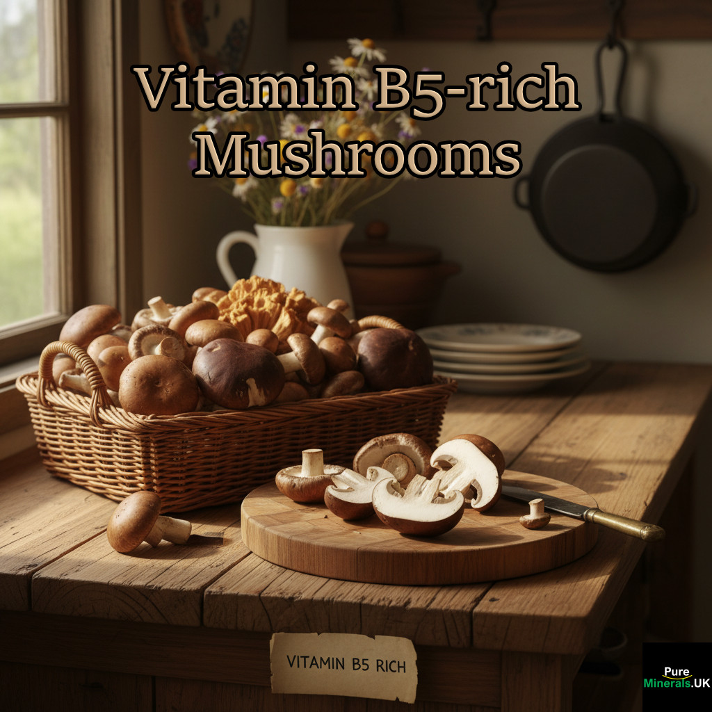 A rustic farmhouse kitchen counter with cremini, shiitake, and portobello mushrooms in a woven basket and on a cutting board, highlighting their vitamin B5 content.