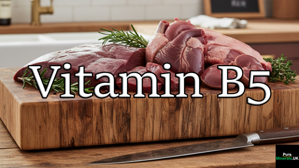 Raw beef liver, heart, and kidneys on a butcher's board with herbs and a chef's knife in a warmly lit kitchen, emphasizing their high vitamin B5 content.