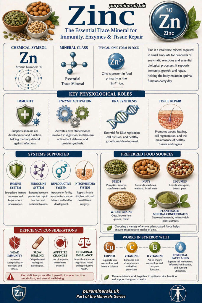 Infographic explaining zinc as an essential trace mineral (Zn²⁺), highlighting its roles in immune function, enzyme activation, DNA synthesis, tissue repair, and sources such as seeds, nuts, legumes, and whole grains.