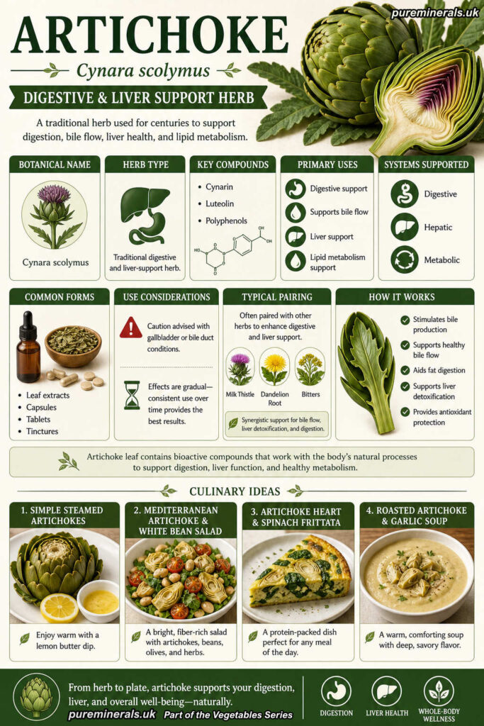 Infographic explaining artichoke (Cynara scolymus) as a digestive and liver-support herb, highlighting compounds such as cynarin and luteolin, its role in bile flow and lipid metabolism, and culinary uses like steamed artichokes, salads, and soups.