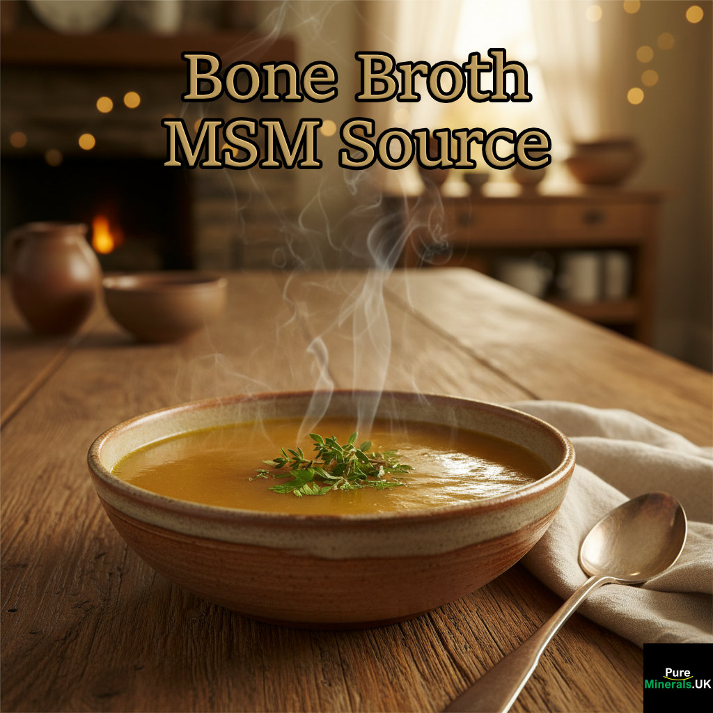 A steaming bowl of rich, amber bone broth garnished with fresh herbs, placed on a wooden dining table in a cozy, rustic setting.