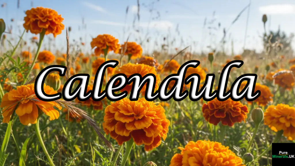 Vibrant orange and yellow Common Marigold (Calendula officinalis) blooming in a sunny meadow surrounded by green wild grasses.