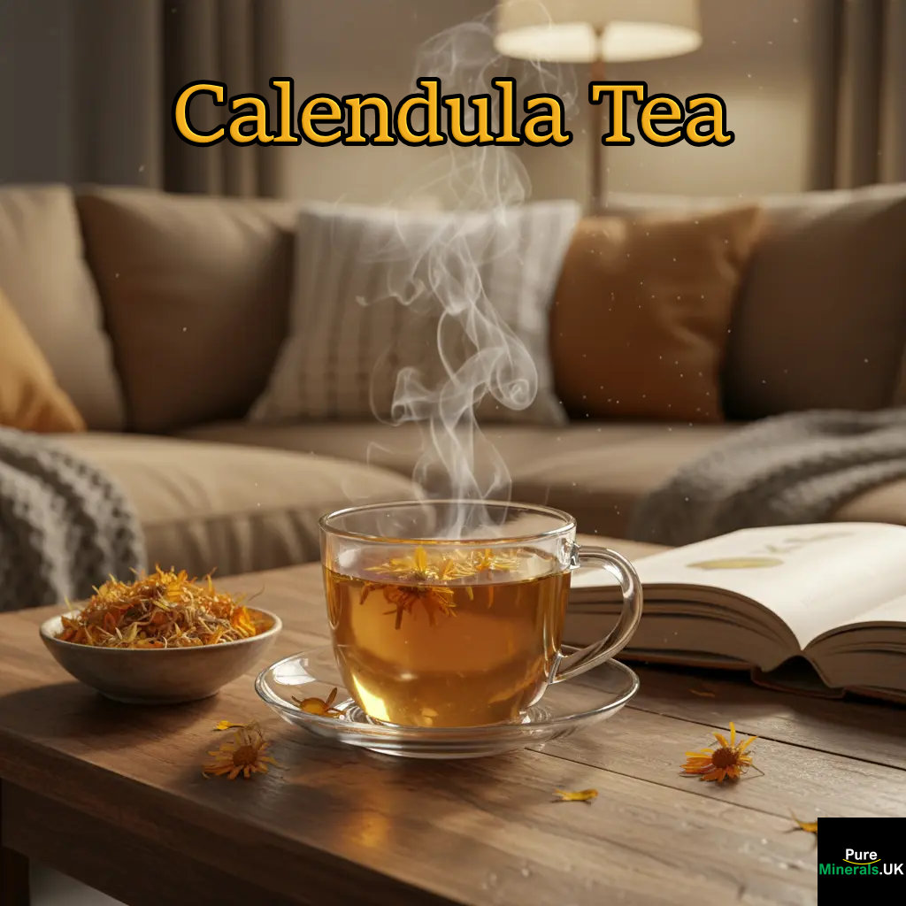 A clear glass cup of steaming, golden-amber calendula tea sitting on a wooden coffee table next to an open book and a bowl of dried petals in a cozy living room.
