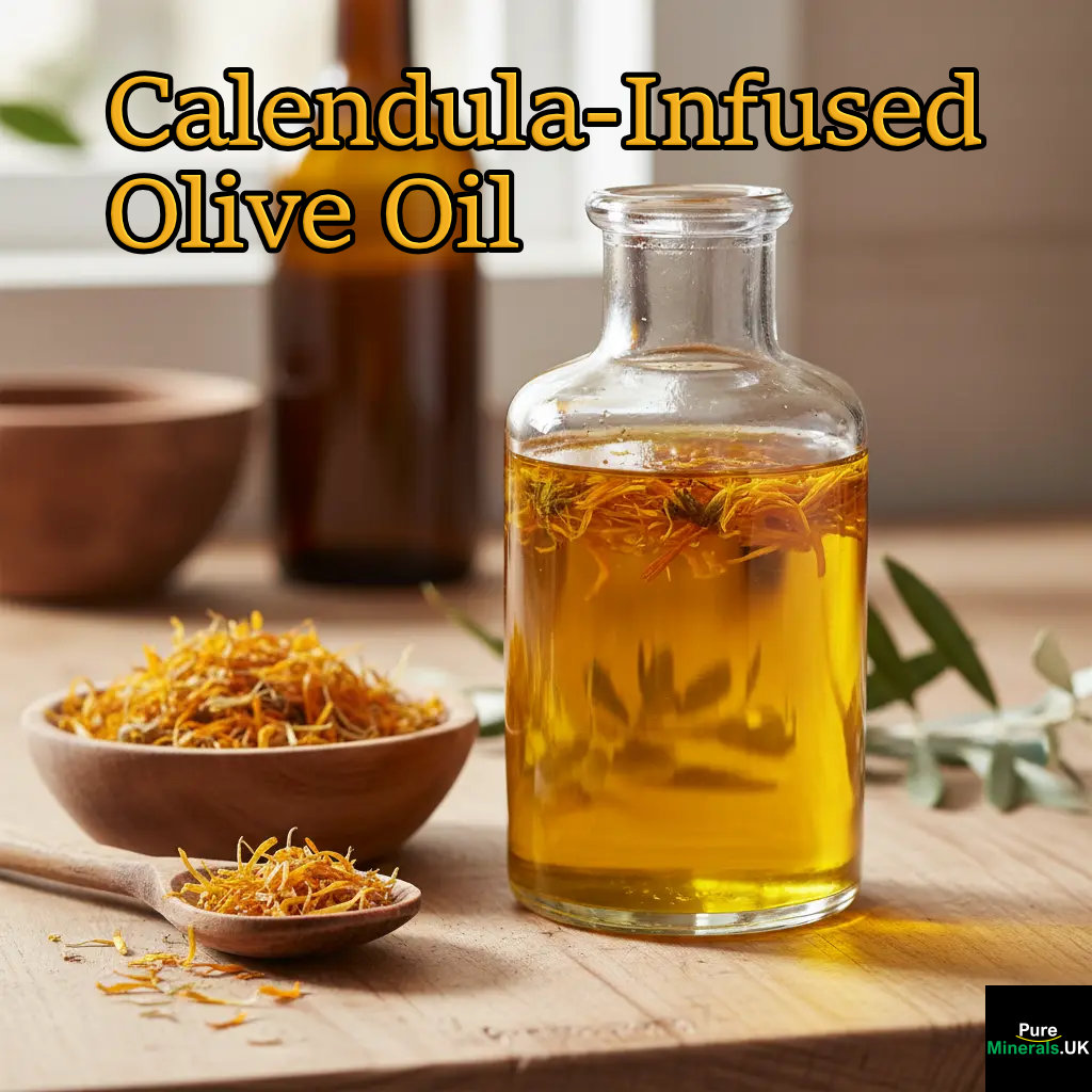 A clear glass cruet filled with golden calendula-infused olive oil and floating orange petals, sitting on a wooden kitchen counter next to a bowl of dried calendula flowers.