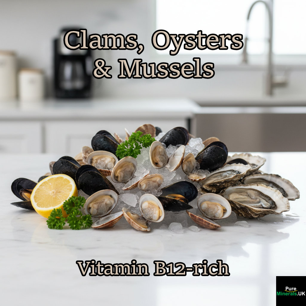 Vitamin B12-rich fresh clams, mussels, and oysters on a kitchen table.