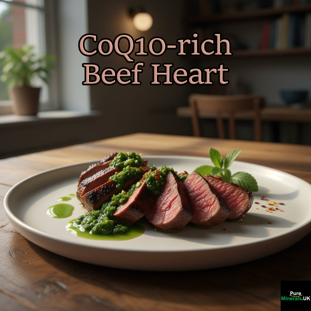 Close-up of seared and sliced beef heart topped with bright green mint chimichurri, plated on a white dish in a warm dining room setting.