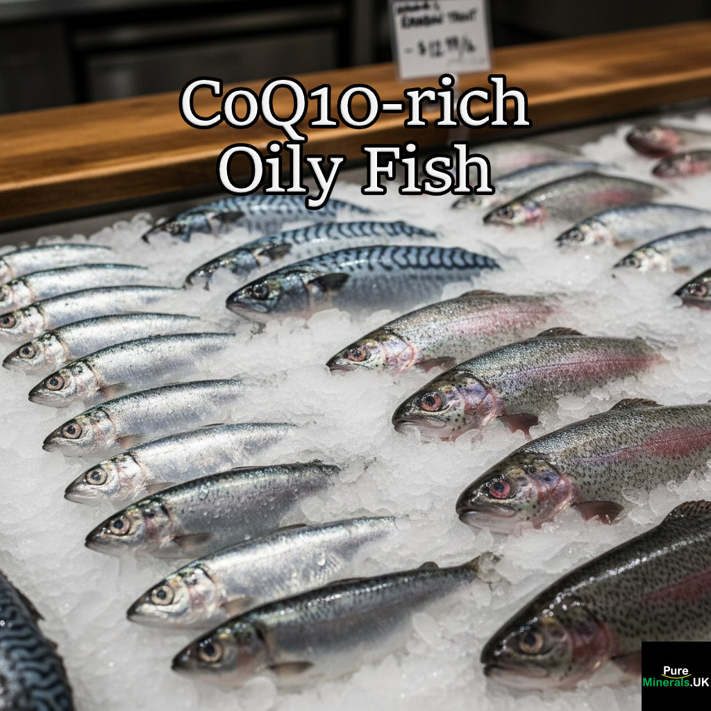 A fishmonger's display showing fresh whole sardines, mackerel, and rainbow trout laid out on crushed ice.