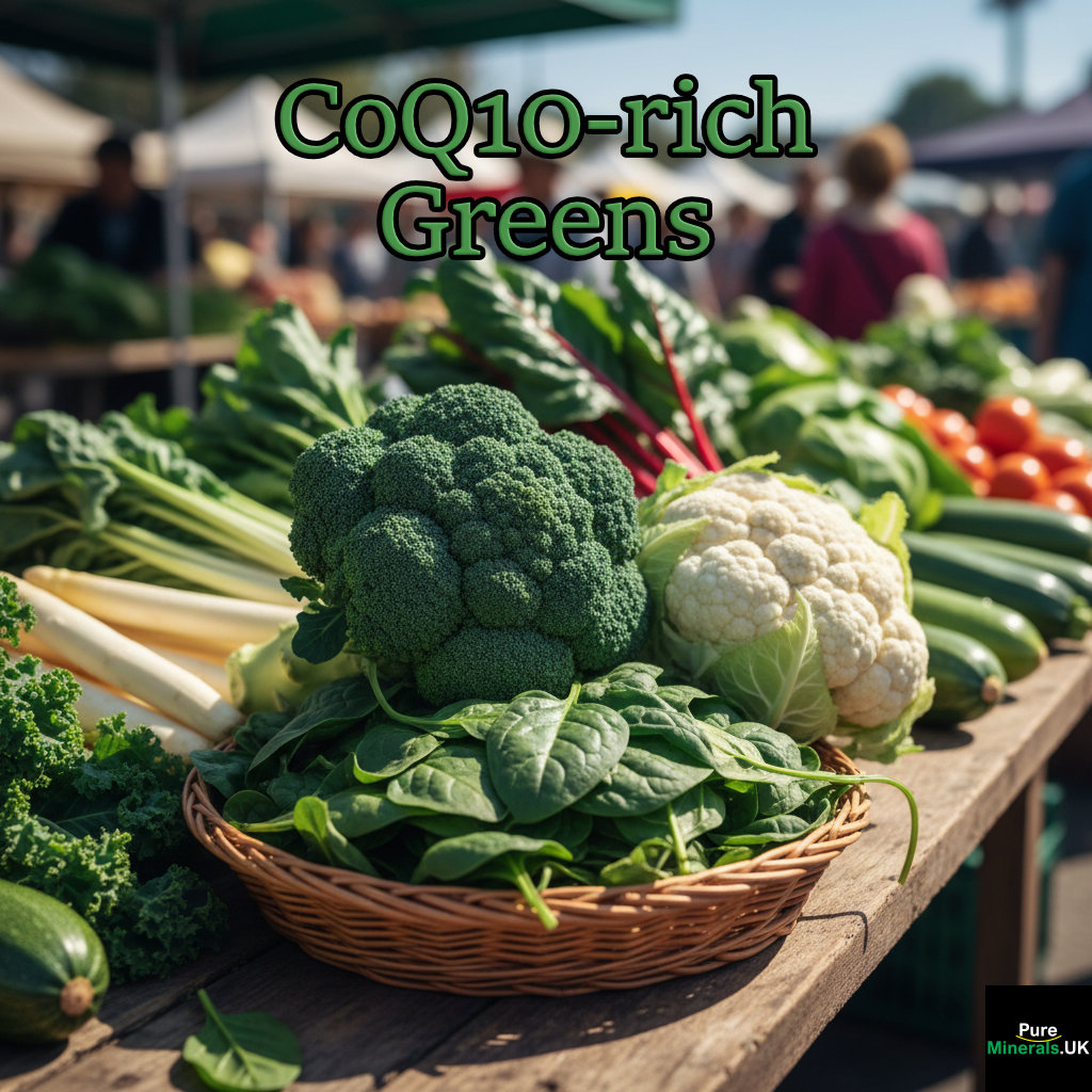 A market stall display featuring fresh green broccoli, white cauliflower, and dark green spinach.