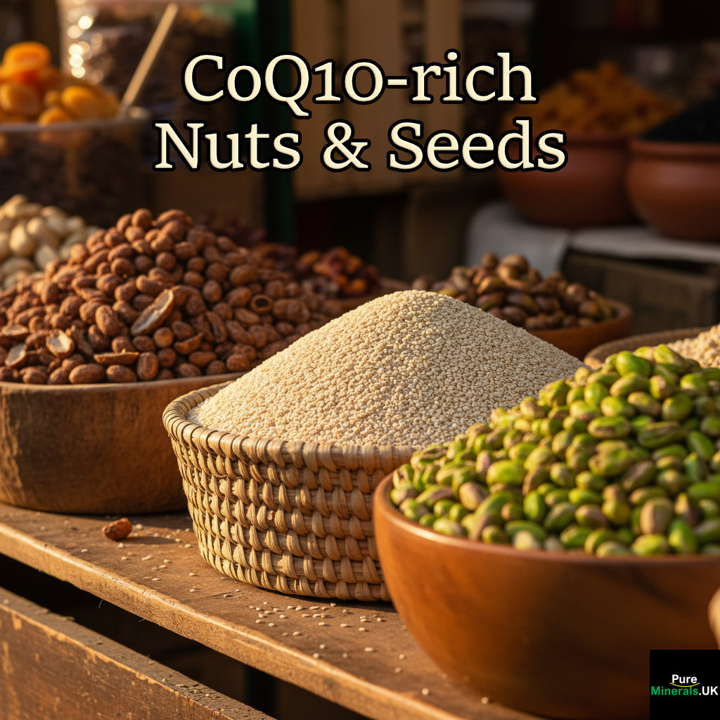 Close-up of a market stall display featuring separate bowls of roasted peanuts, white sesame seeds, and bright green shelled pistachios.