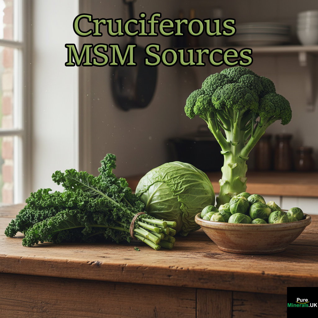 A rustic wooden farmhouse counter displaying a fresh, vibrant collection of cruciferous vegetables: a head of cabbage, a bunch of kale, a stalk of broccoli, and a bowl of Brussels sprouts.