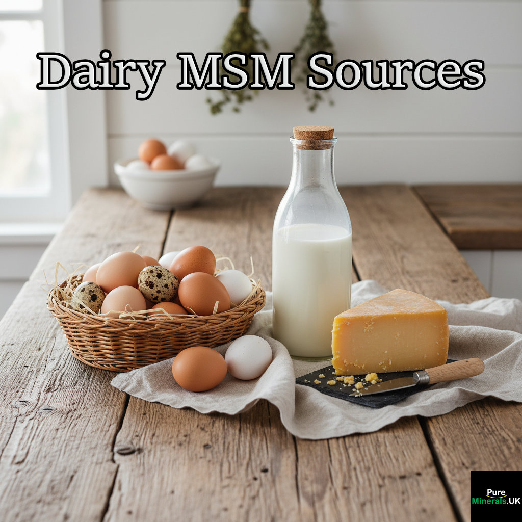 A rustic wooden farmhouse counter displaying a collection of fresh animal-based foods: a small basket of eggs, a glass bottle of milk, and a block of artisan cheese.