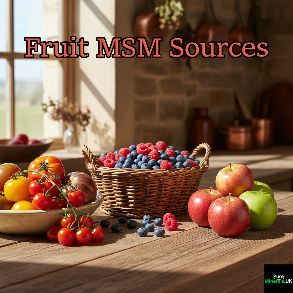 A rustic wooden farmhouse counter displaying a fresh collection of fruits: a basket of mixed berries, a cluster of colorful tomatoes, and several red and green apples.
