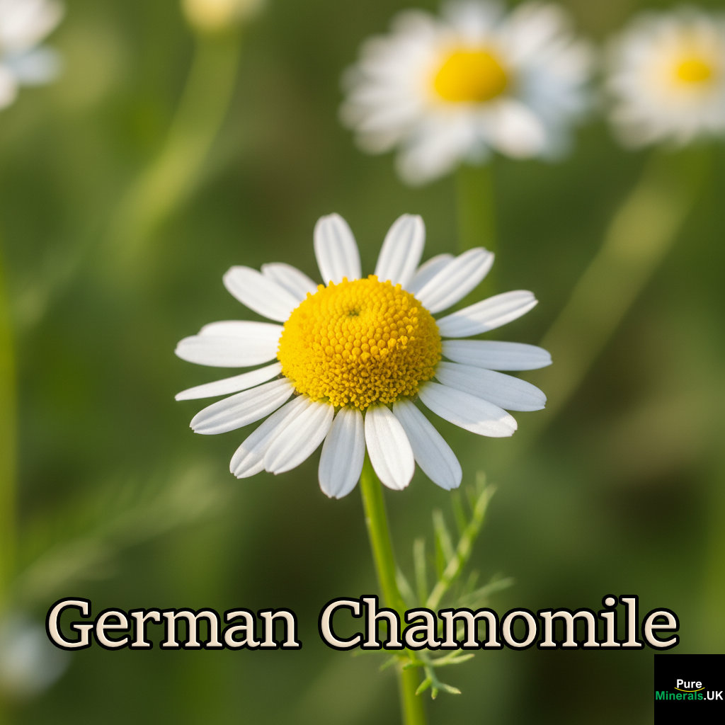 Close-up photograph of a German chamomile (Matricaria chamomilla) flower with its white daisy-like appearance.