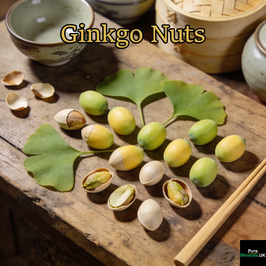 A bowl of shelled and unshelled ginkgo nuts sits on a wooden kitchen counter, surrounded by traditional Chinese cooking utensils and ingredients.
