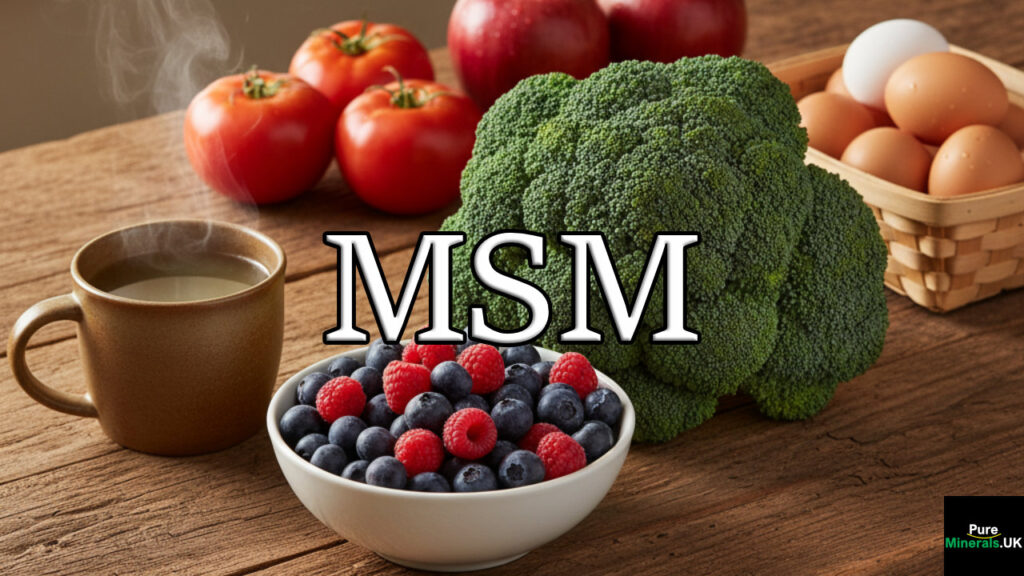 A collection of MSM-rich foods, including broccoli, berries, tomatoes, apples, eggs, and bone broth, arranged on a wooden kitchen counter.
