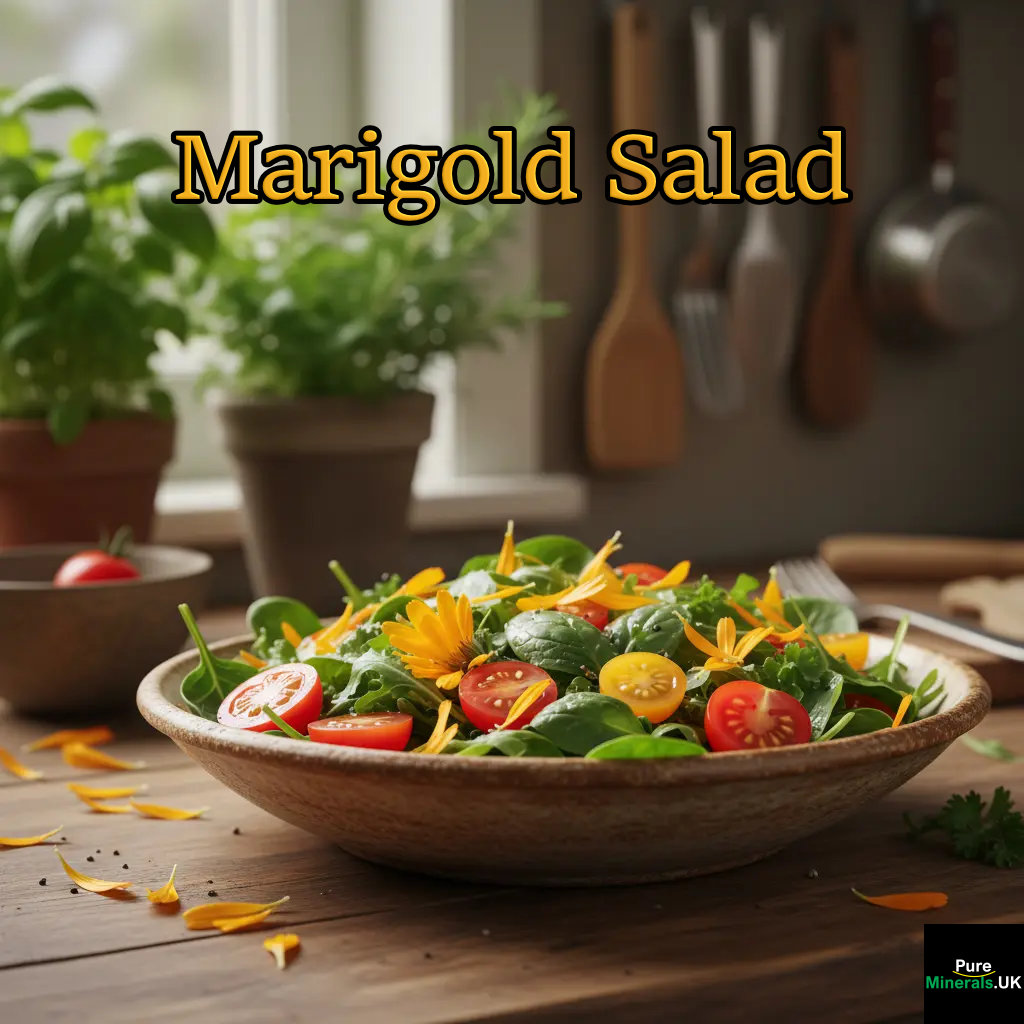 A ceramic bowl filled with fresh mixed greens and cherry tomatoes, topped with bright golden-orange Calendula petals, sitting on a wooden kitchen counter.