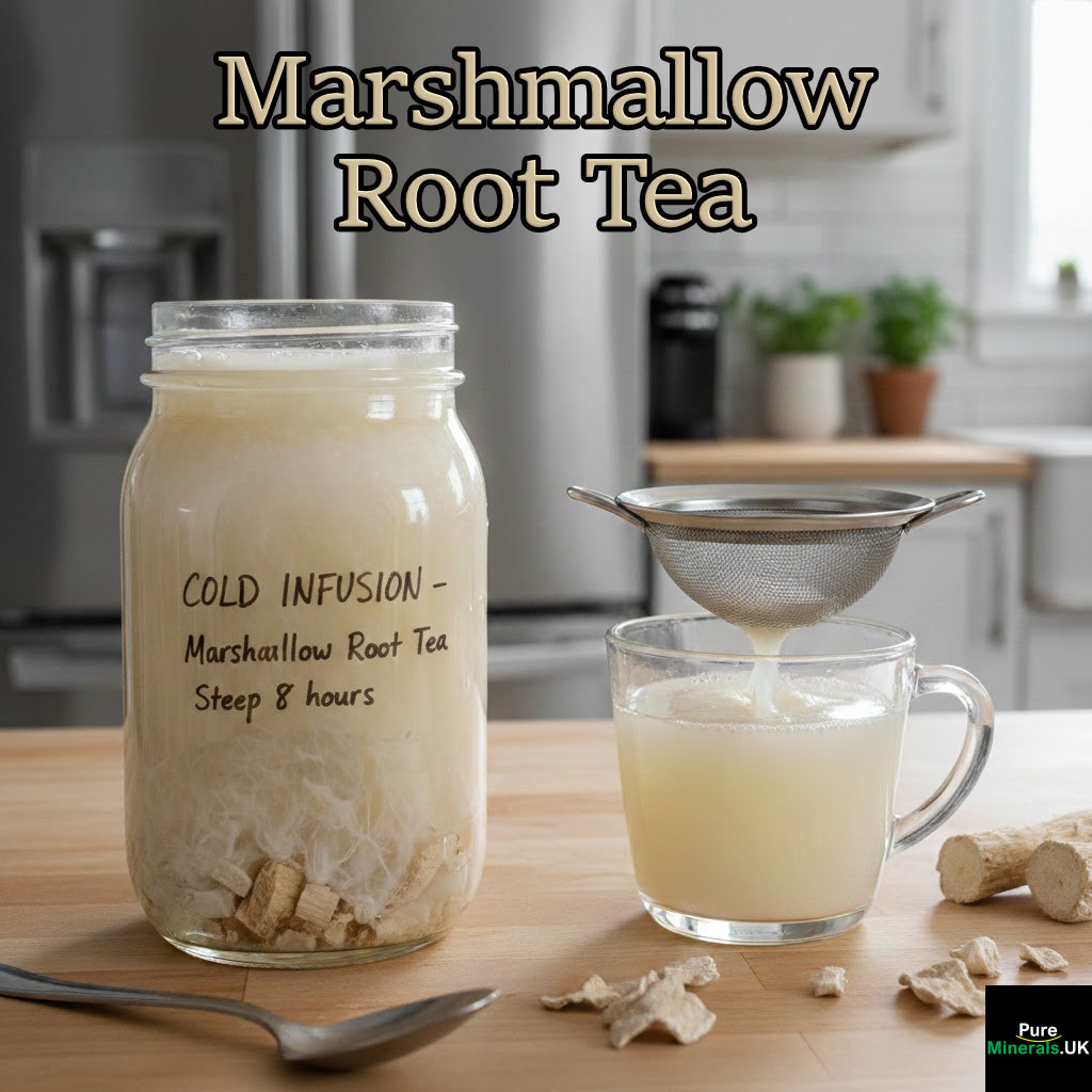 A jar and cup of cold infused marshmallow root tea on a wooden table in a kitchen with chopped marshmallow root beside.