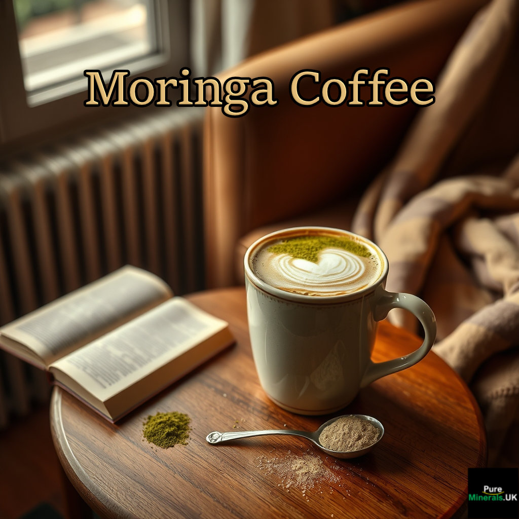A warm ceramic coffee mug on a wooden table in a cozy lounge, with a subtle green tint in the coffee indicating added Moringa powder.