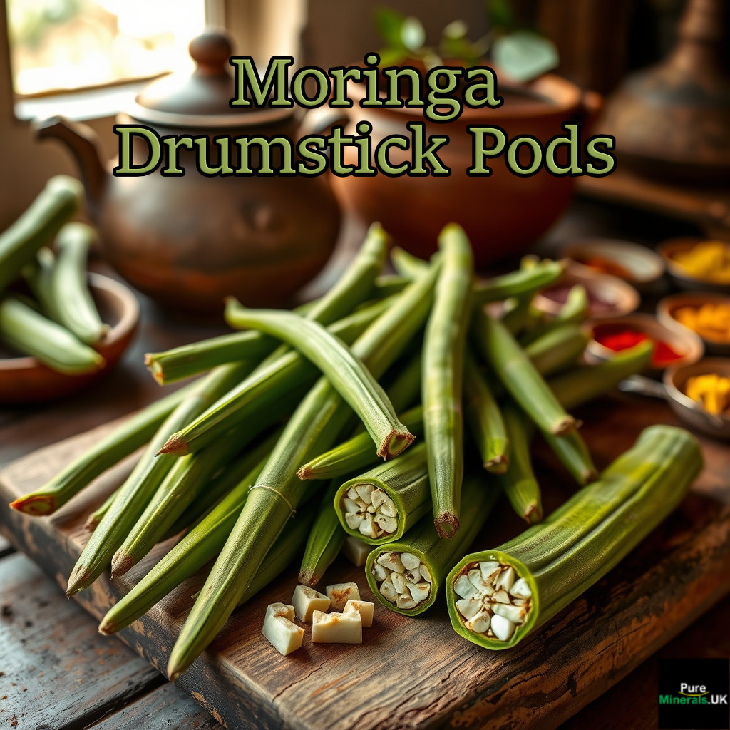 Fresh, green Moringa "drumstick" pods laid on a wooden cutting board in a kitchen. One pod is sliced open to show the white pulp and seeds inside.