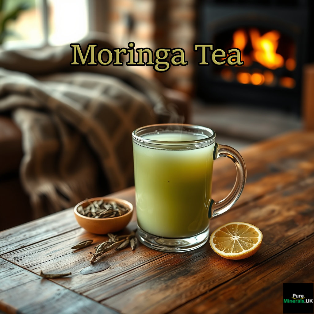 A glass mug of light green herbal tea on a wooden table. The cozy setting includes a slice of lemon, a bowl of dried leaves, and a soft blanket, suggesting a calming tea ritual.