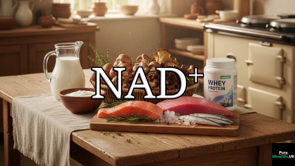 A large wooden table in a farmhouse kitchen filled with NAD+ precursor foods, including milk, yogurt, whey protein, various mushrooms, tuna, salmon, and sardines.