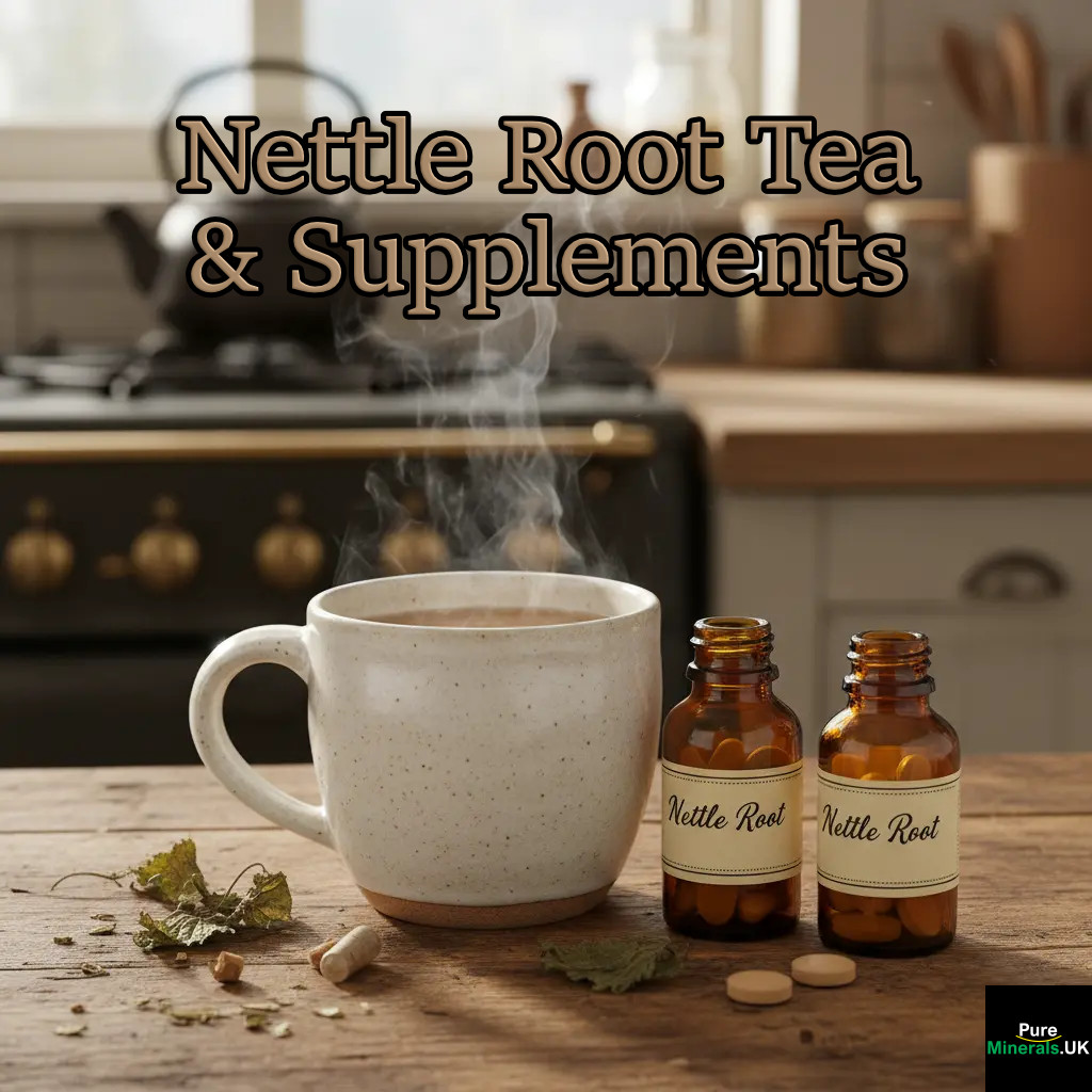 A steaming ceramic mug of nettle root tea sitting on a wooden kitchen table next to amber glass bottles containing nettle root capsules and tablets, illustrating different supplementation methods.