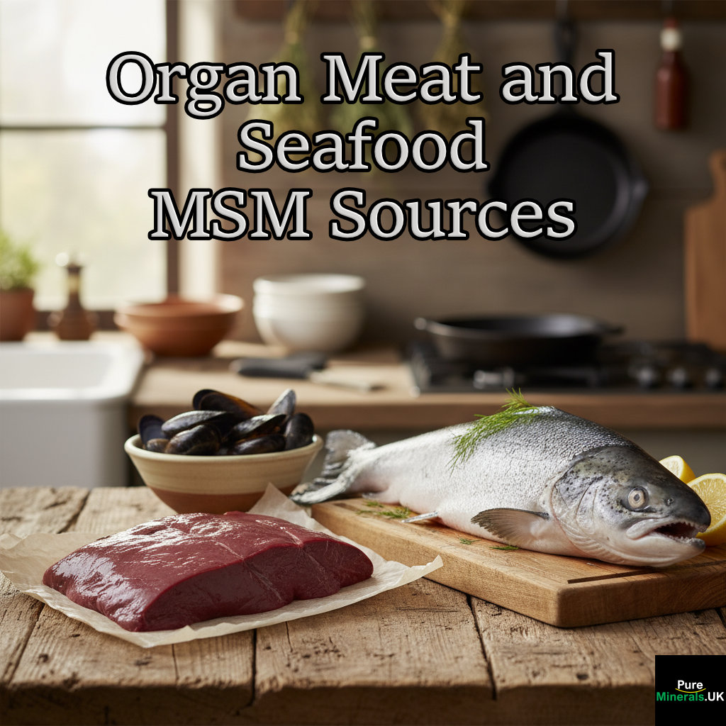 A rustic wooden farmhouse counter displaying a selection of raw animal products: a cut of beef liver, a whole fish, and fresh shrimp, representing sources of MSM.