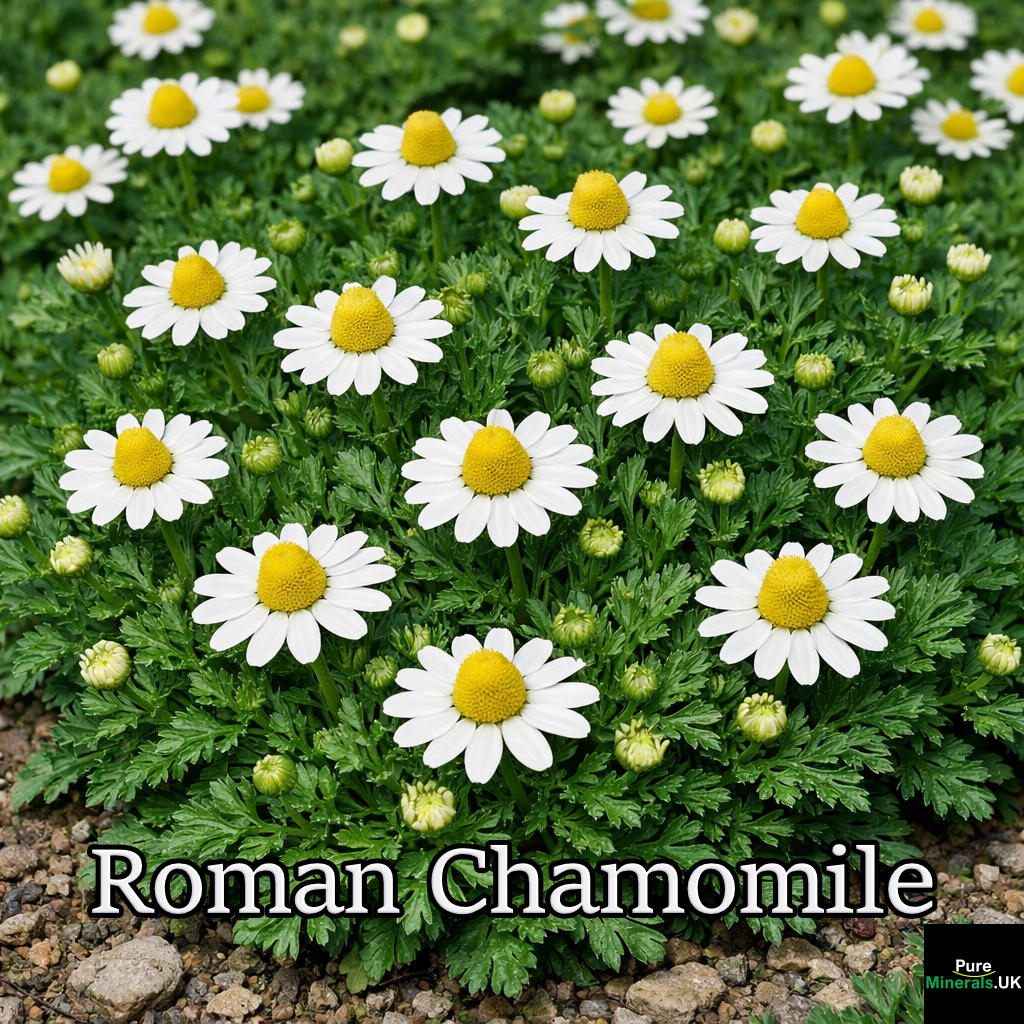 Roman chamomile (Chamaemelum nobile) growing as a dense, low-spreading ground cover, with dark green, finely divided leaves and white daisy-like flowers featuring solid yellow conical centers.