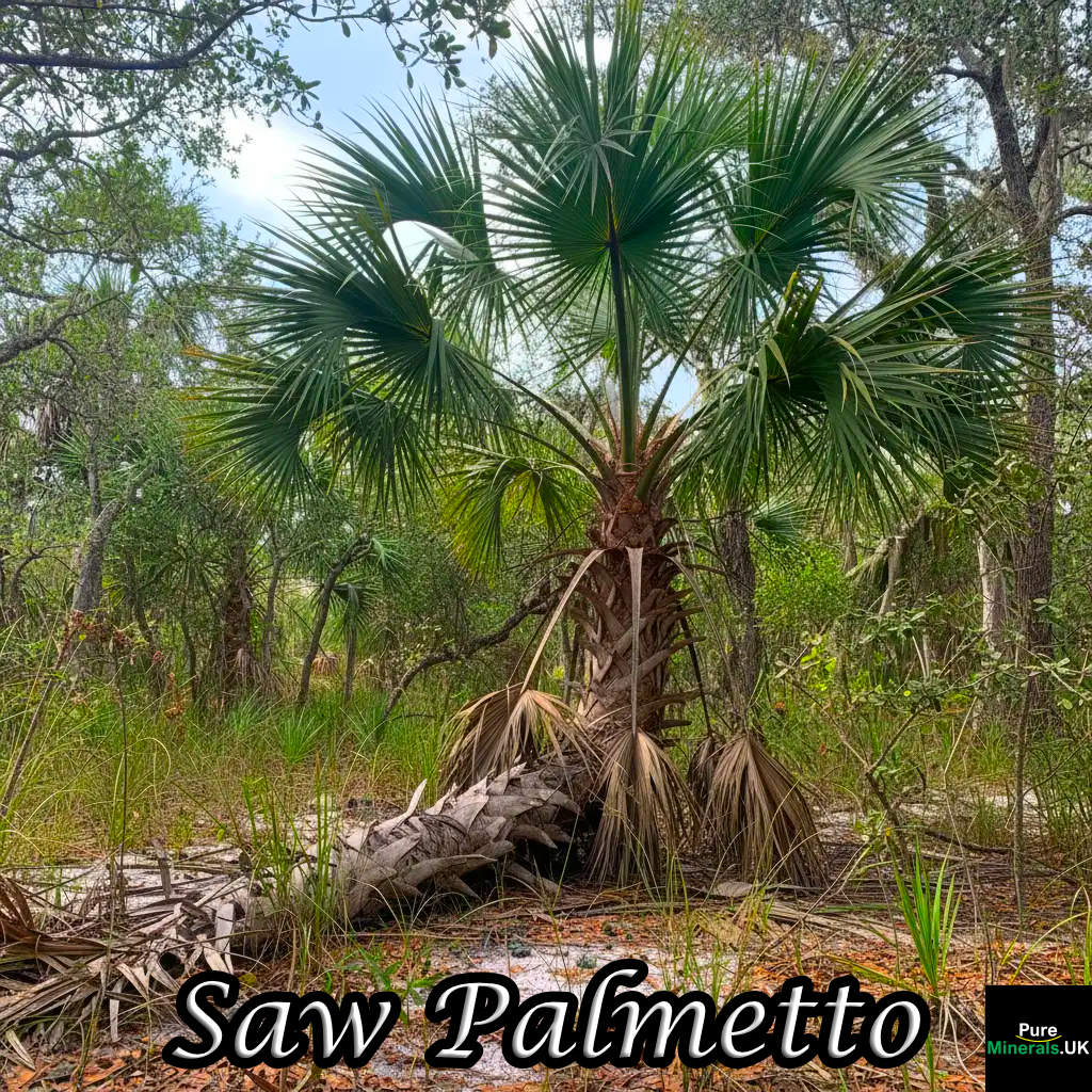 A low-growing Saw palmetto palm tree with fan-shaped green fronds spreading across a sandy, natural landscape with surrounding vegetation.