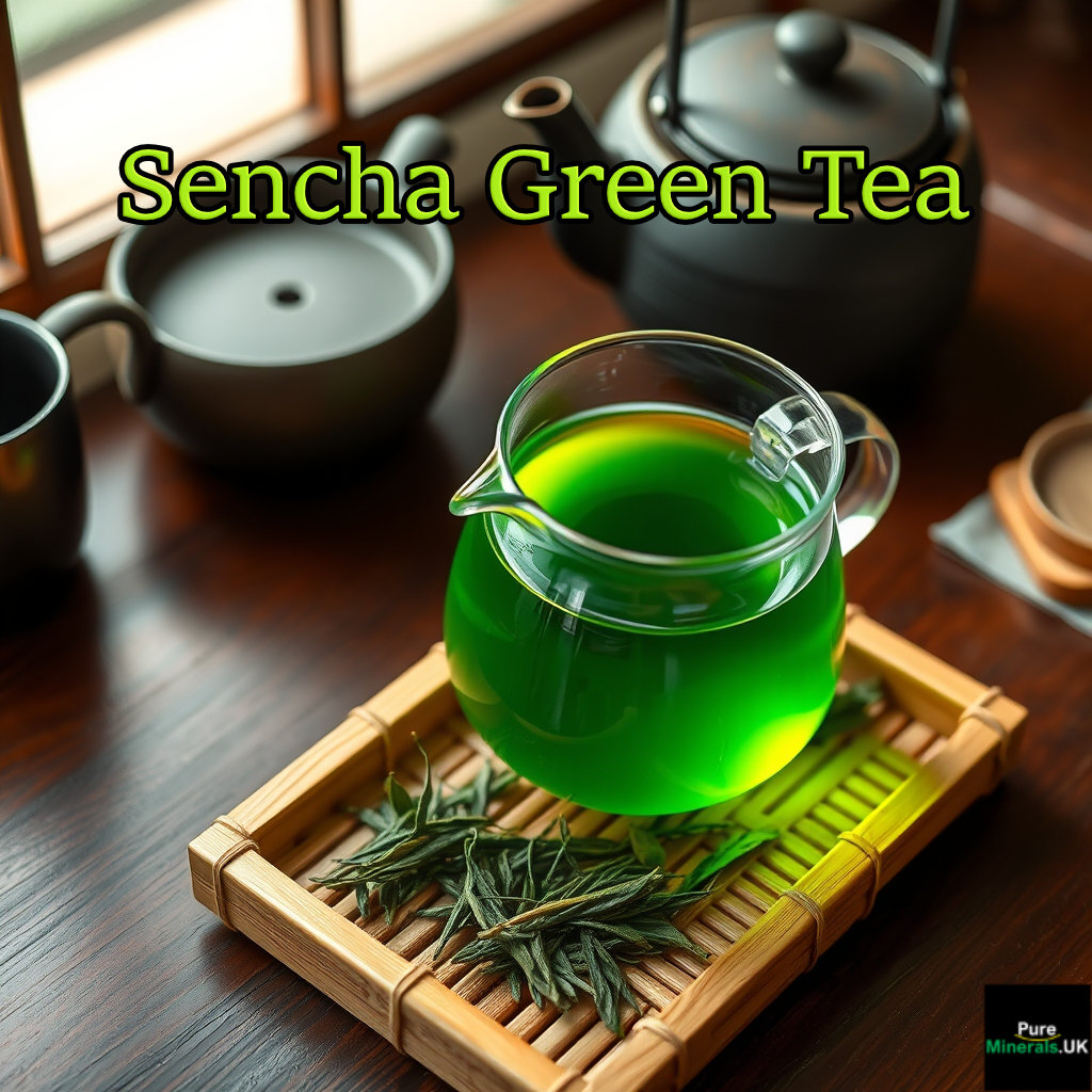 High-angle view of brewed Sencha green tea in a clear teapot, with loose tea leaves on a bamboo tray and a traditional black Japanese tetsubin kettle.