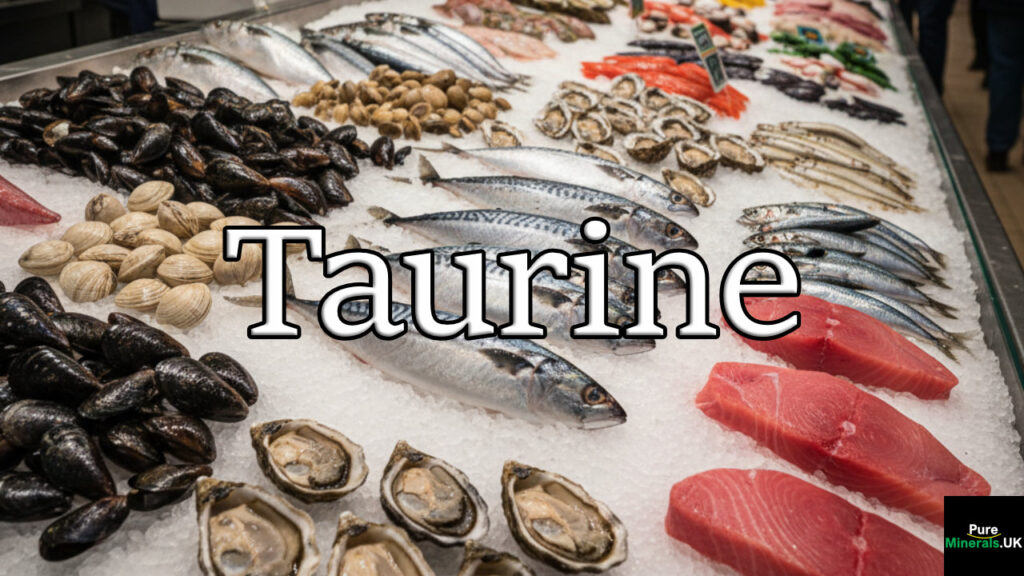 A wide-angle view of a long, horizontally arranged seafood market counter displaying fresh mussels, clams, oysters, mackerel, sardines, and tuna on ice.