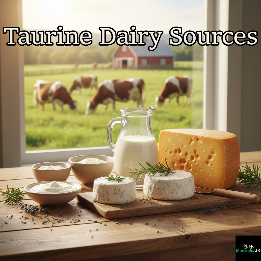 A rustic display of a glass jug of fresh milk and various cheeses on a wooden table, with dairy cows grazing in a green field in the background.