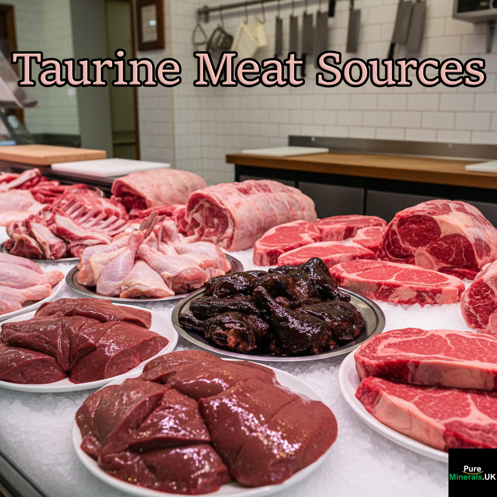 A butcher shop display case featuring fresh taurine-rich raw beef liver, dark meat poultry, lamb cuts, and beef steaks.
