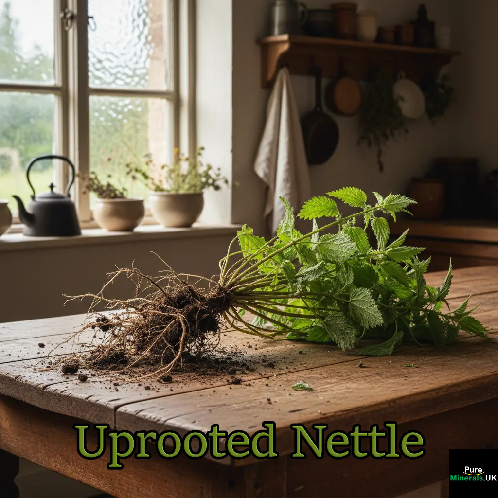 An uprooted stinging nettle plant (Urtica dioica) lying on a rustic wooden table, displaying its fibrous root system covered in soil alongside its serrated green leaves, set within a warm, sunlit farmhouse kitchen.
