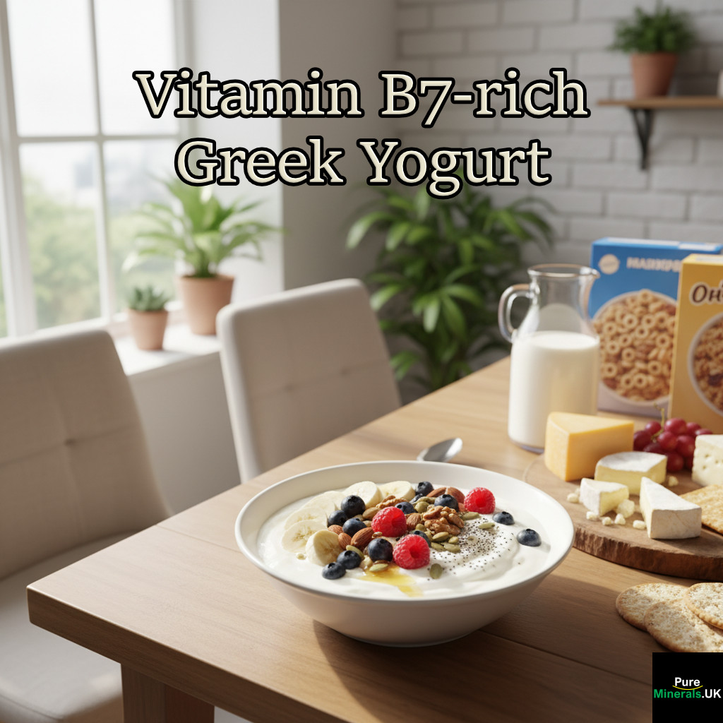 Bowl of plain Greek yogurt topped with berries, banana slices, nuts, and seeds, set in a breakfast room with cereals, milk, and cheese options in the background.
