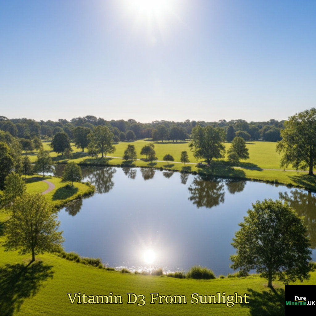A wide-angle view of a serene parkland lake on a bright, sunny day with clear blue skies, symbolizing natural Vitamin D production from UVB rays.
