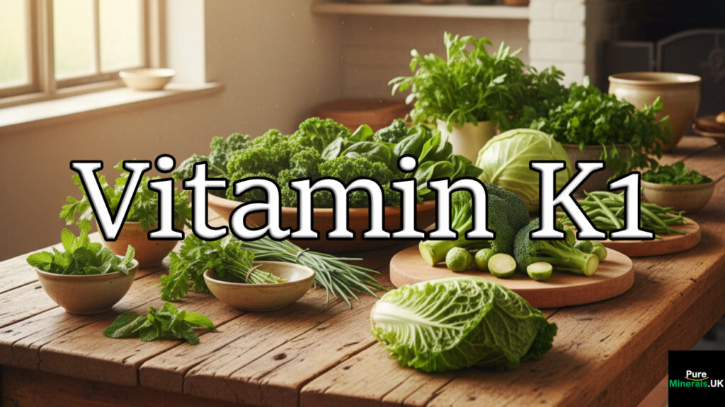 A large, colorful display of vitamin K1-rich fresh green vegetables and herbs, including kale, spinach, and broccoli, resting on a wooden table in a well-lit farmhouse kitchen setting.