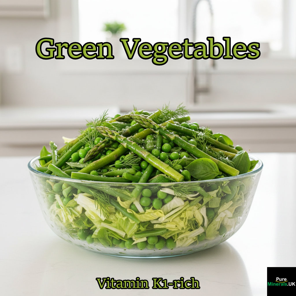 A large, fresh salad in a glass bowl featuring asparagus, green beans, green peas, and iceberg lettuce on a modern kitchen counter.