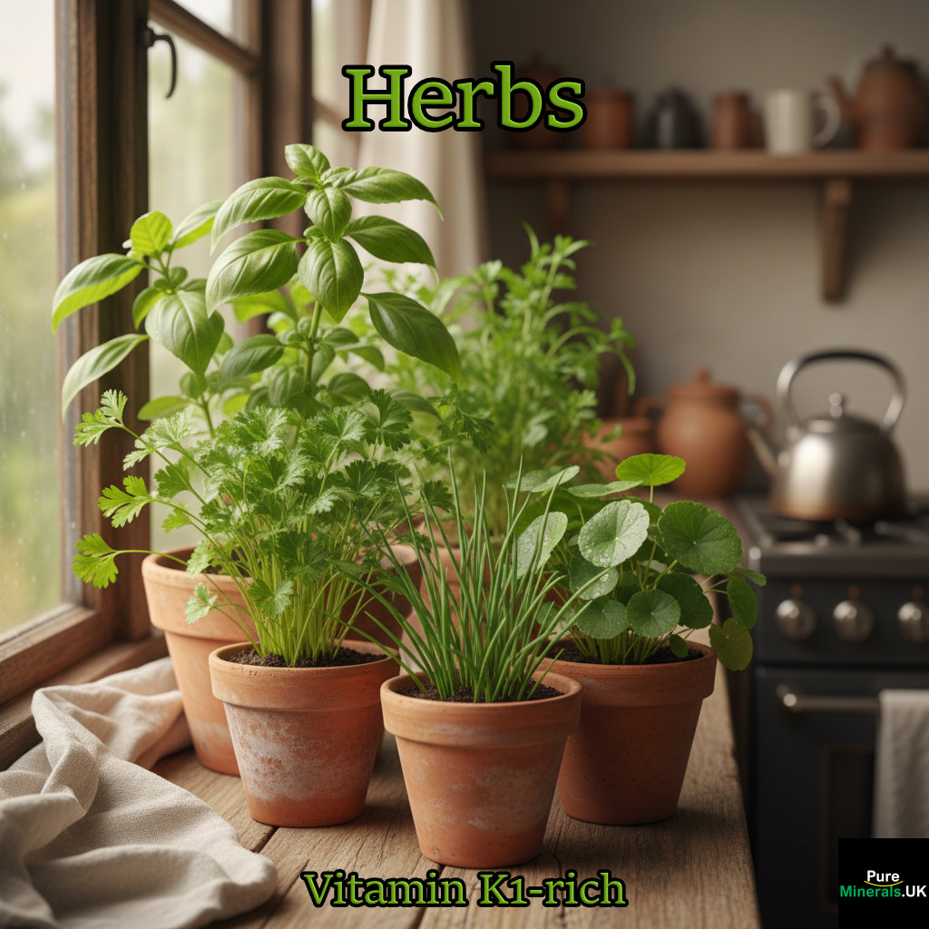 A variety of fresh herbs, including parsley, basil, and mint, growing in small terracotta pots on a rustic wooden kitchen windowsill.
