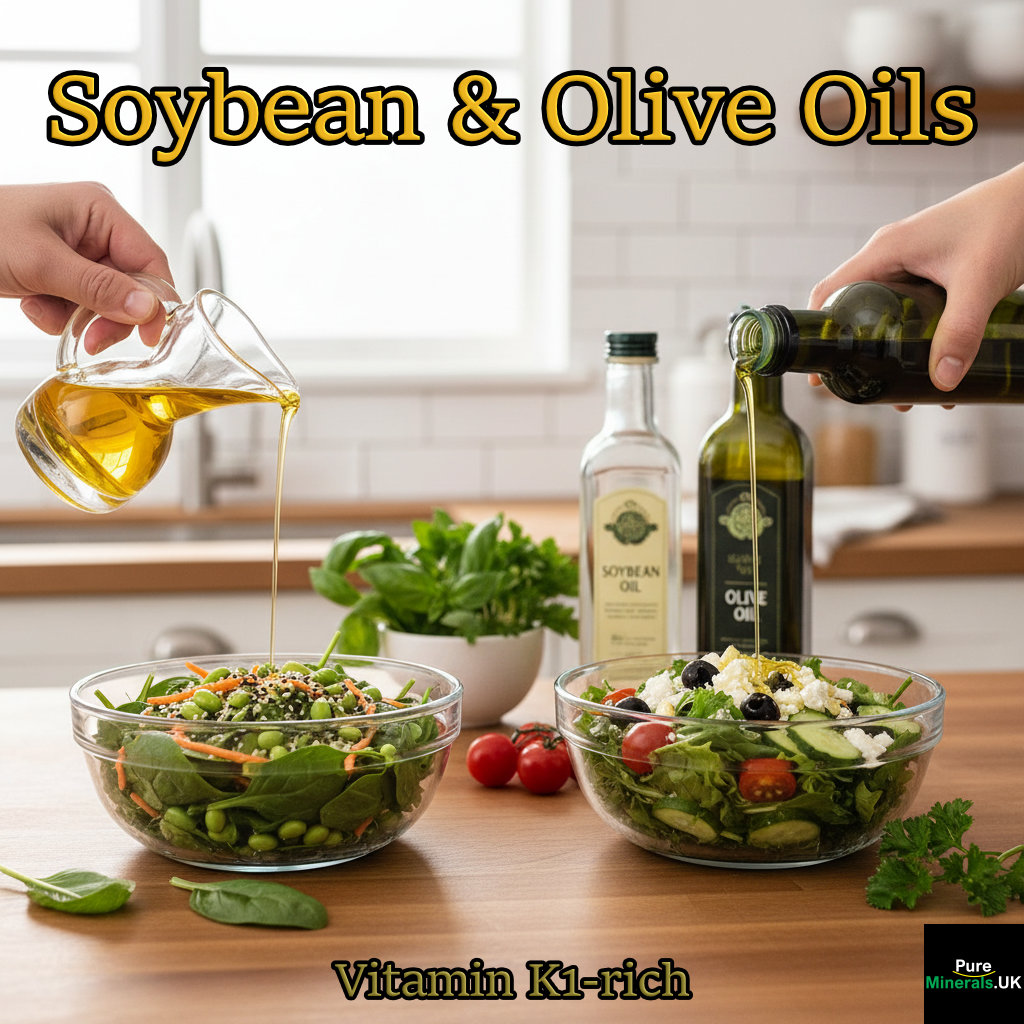 Drizzling soybean oil and olive oil over two separate bowls of fresh, green salad on a kitchen counter, illustrating fat-soluble vitamin absorption.