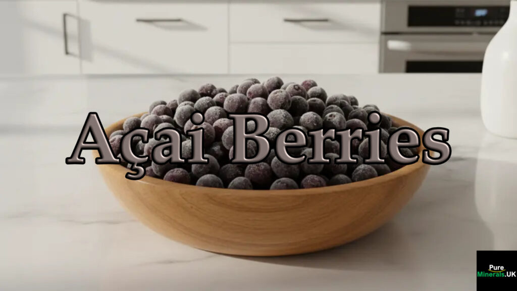 A close-up shot of fresh, dark purple acai berries in a clear glass bowl on a clean, bright kitchen counter.