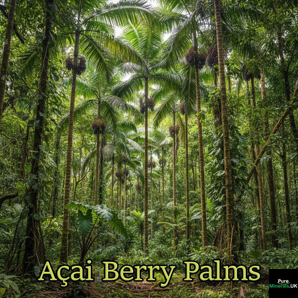 Tall Açaí palm tree in the dense Amazon rainforest with visible, ripe clusters of deep purple berries.
