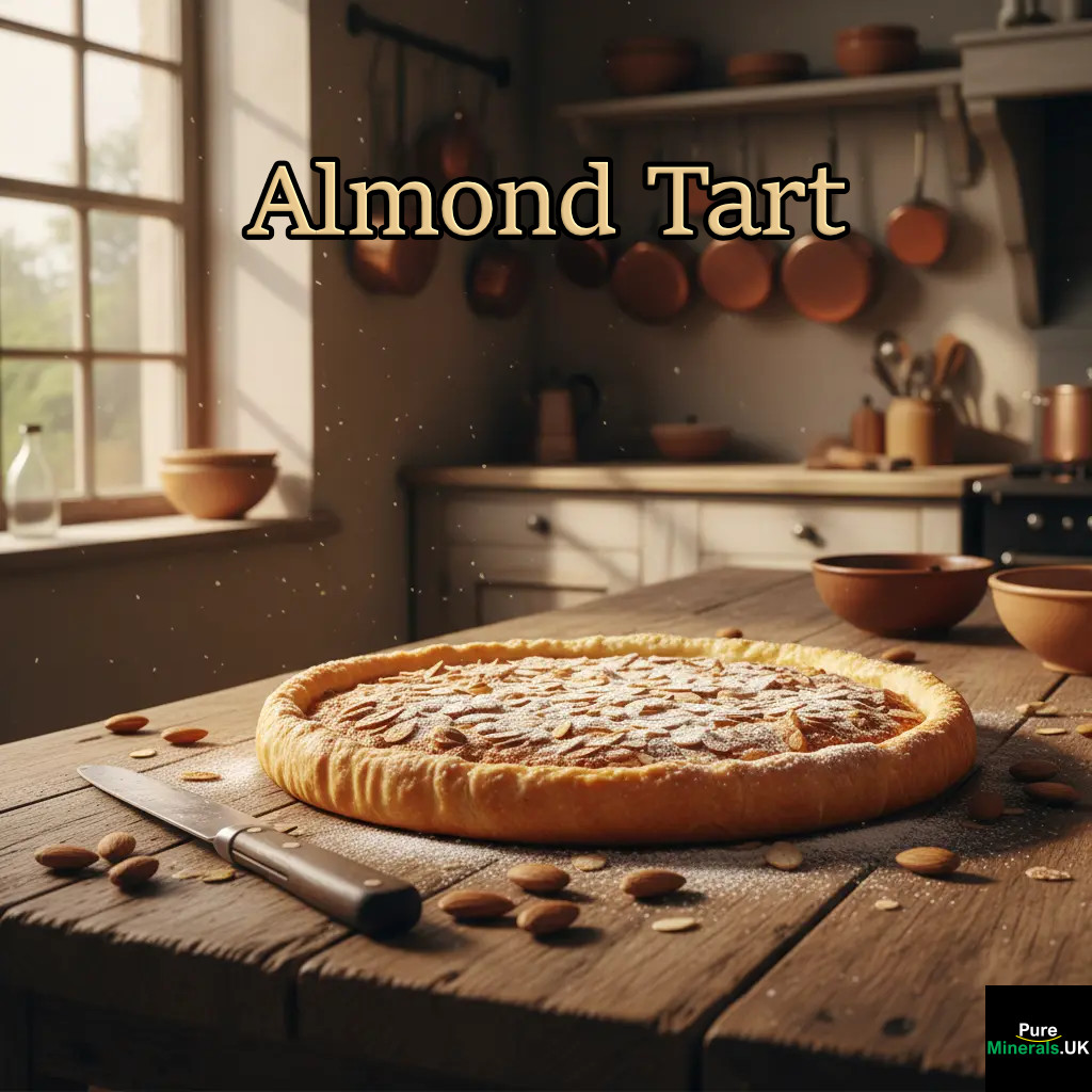 A whole, golden-brown Almond Tart on a rustic wooden table in a sunlit farmhouse kitchen.
