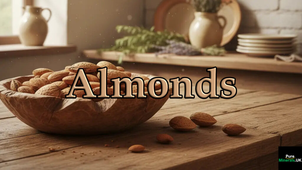 Close-up of raw shelled almonds in a wooden bowl on a rustic farmhouse kitchen table, illuminated by warm sunlight.