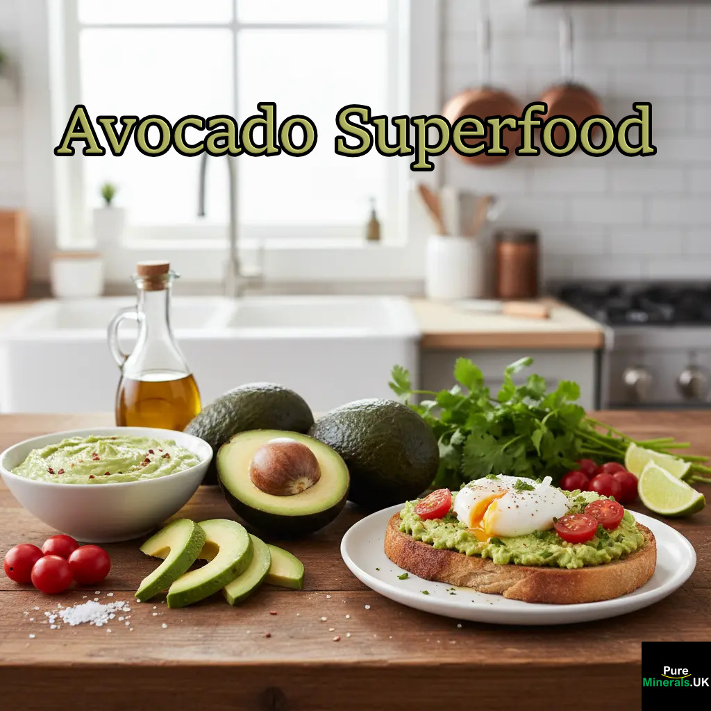 A display of fresh avocados on a wooden kitchen counter featuring whole fruit, sliced halves, a bowl of puree, and prepared avocado toast under natural light.