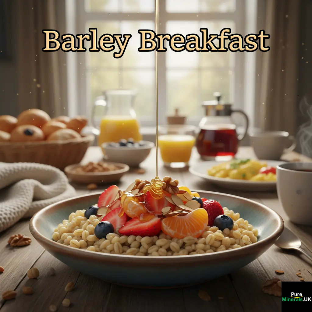 A picture of a barley breakfast bowl in a breakfast dining room setting.
