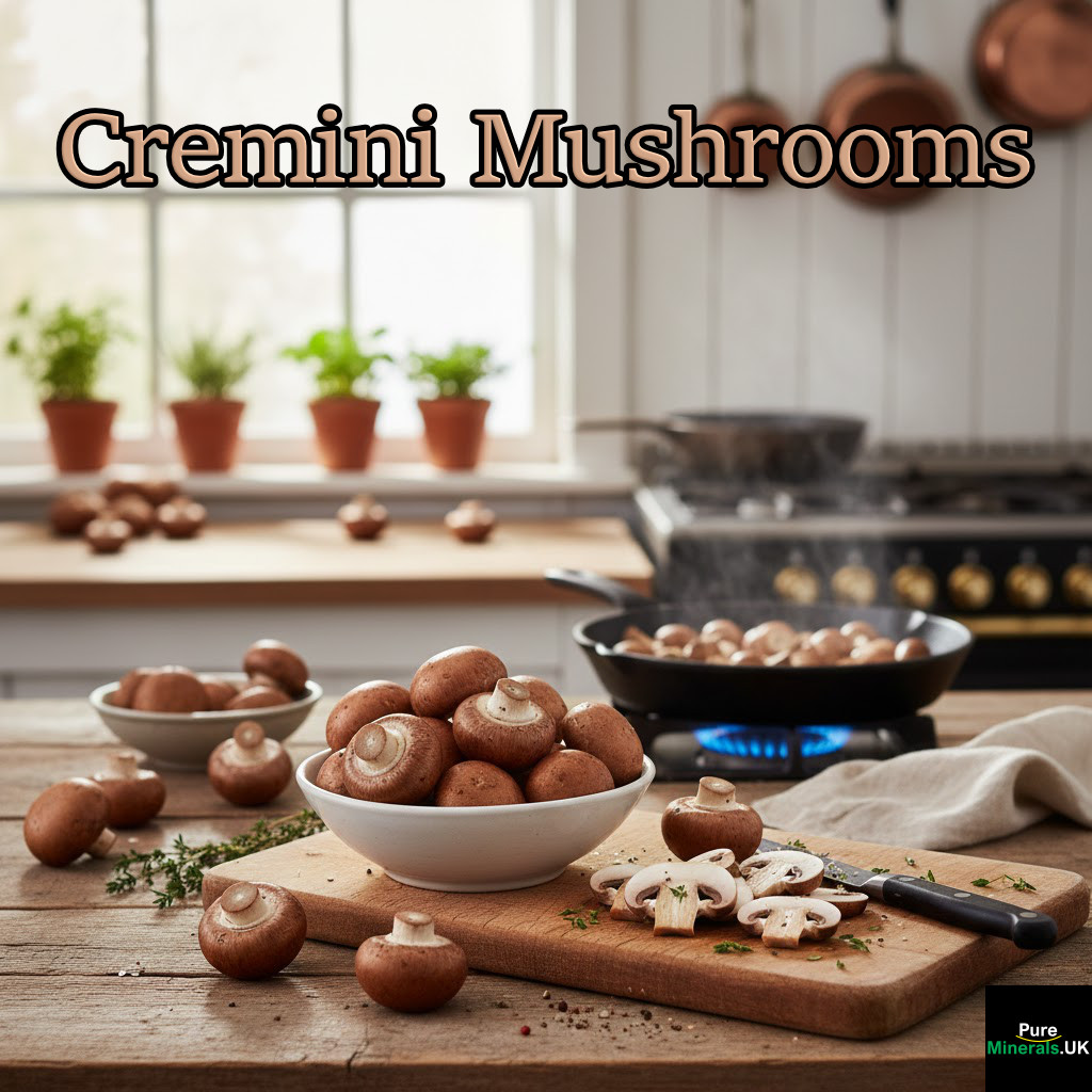 Cremini mushrooms in a kitchen setting.